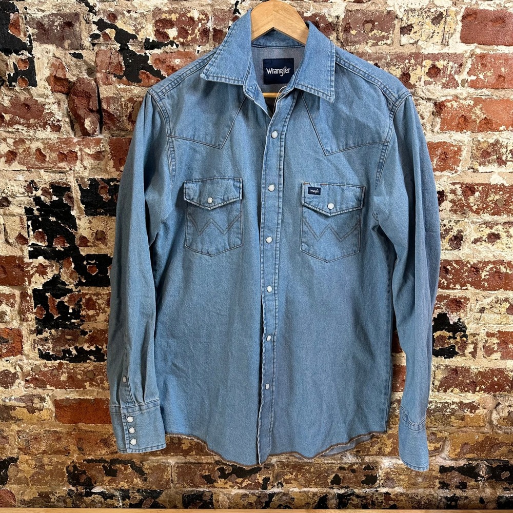 Wrangler Western Shirt Pearl Snap Long Sleeve Blue Jean Denim Mens Small